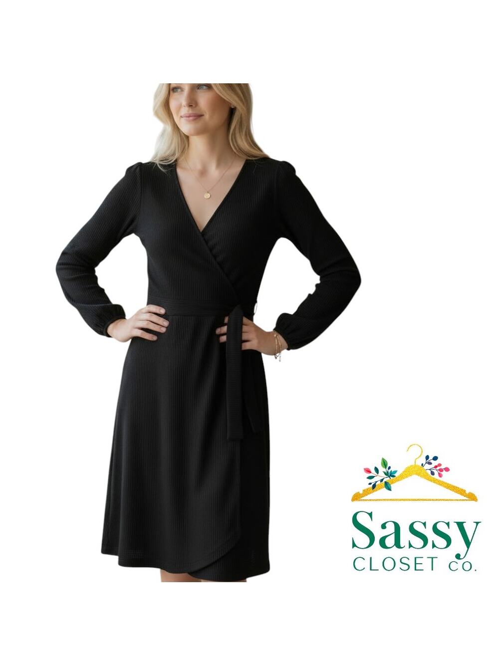 ✨ MADEWELL Black Faux Wrap V-Neck Blouson Sleeve Midi Dress S EUC 🖤